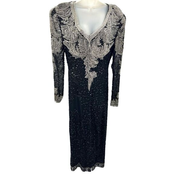 Vintage Fully Beaded Black Silver Evening Gown XL 14 Sequin Long Dress A… - Picture 16 of 16